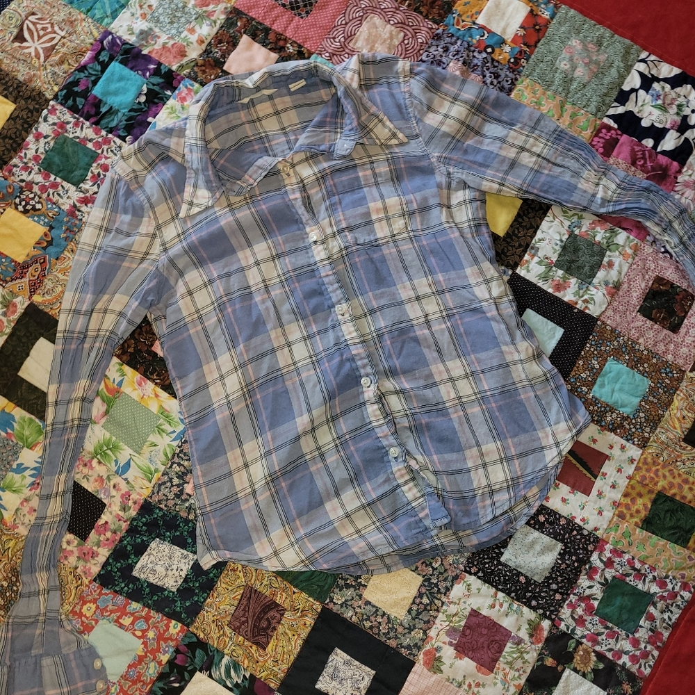 American Eagle Outfitters Light Blue and White Plaid Button-Down Shirt